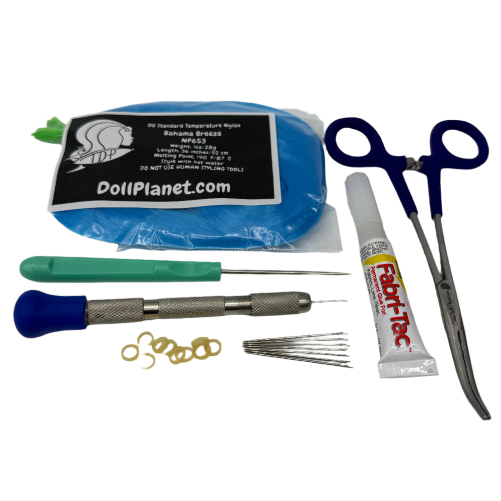 7 Piece Rerooting Starter Kit with Tools and Doll Hair for Rerooting Fashion Dolls