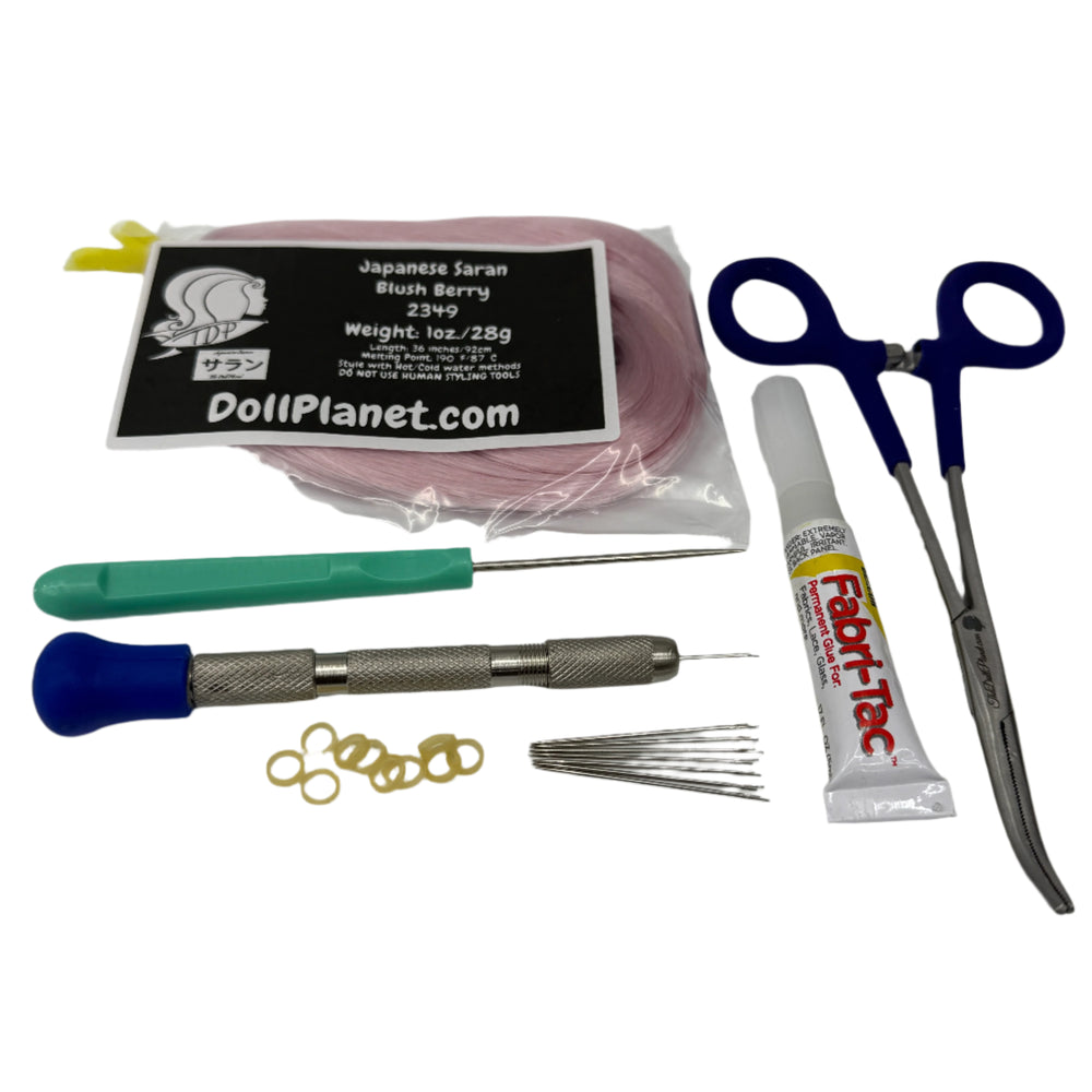 7 Piece Rerooting Starter Kit with Tools and Doll Hair for Rerooting Fashion Dolls