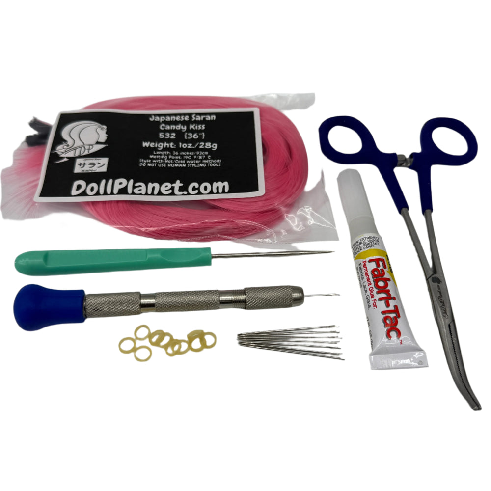 7 Piece Rerooting Starter Kit with Tools and Doll Hair for Rerooting Fashion Dolls