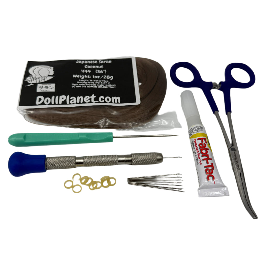7 Piece Rerooting Starter Kit with Tools and Doll Hair for Rerooting Fashion Dolls