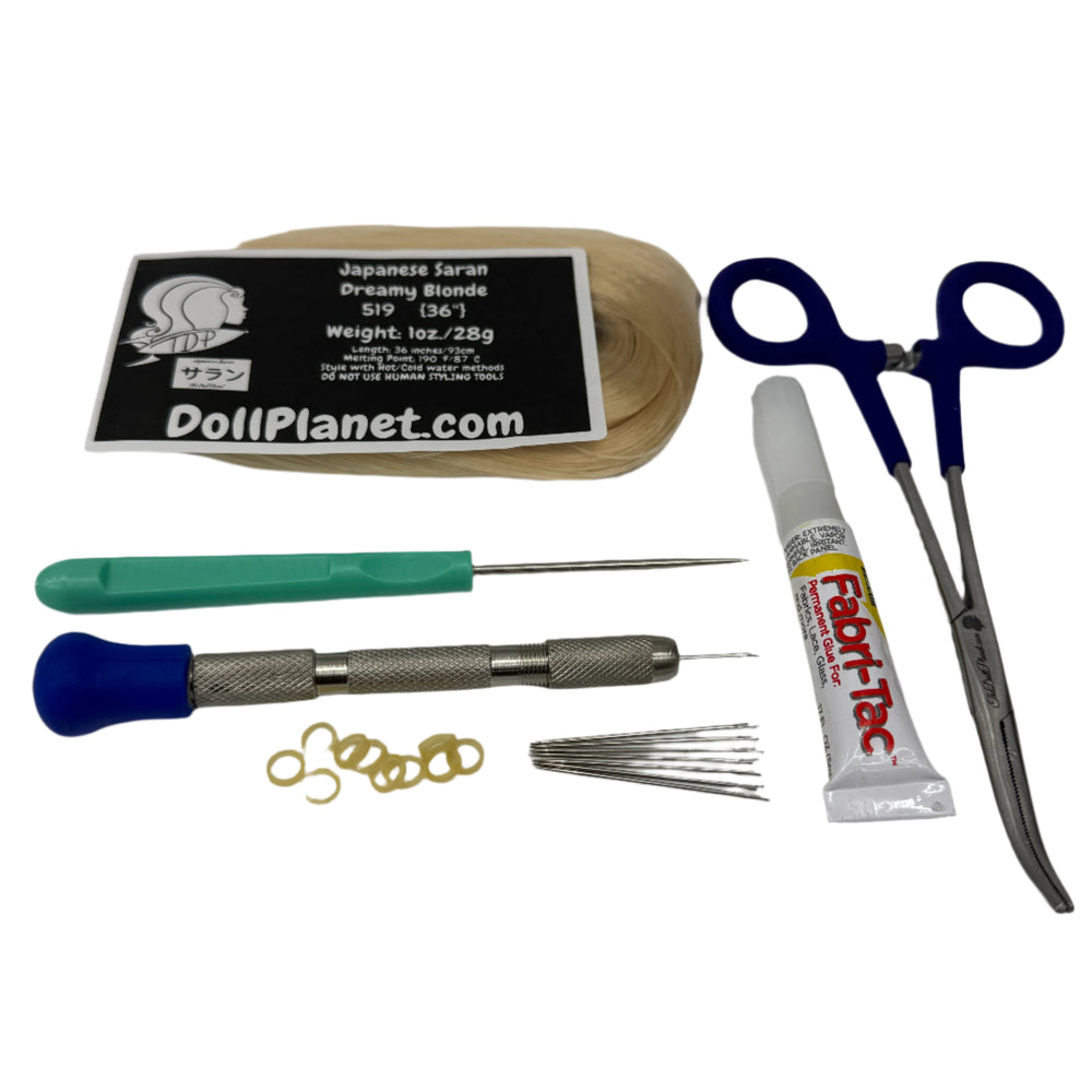 7 Piece Rerooting Starter Kit with Tools and Doll Hair for Rerooting Fashion Dolls