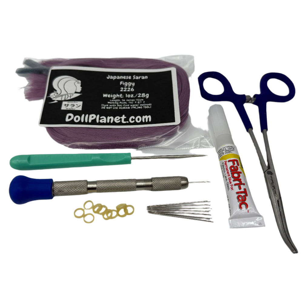 7 Piece Rerooting Starter Kit with Tools and Doll Hair for Rerooting Fashion Dolls
