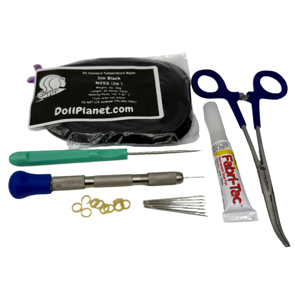 7 Piece Rerooting Starter Kit with Tools and Doll Hair for Rerooting Fashion Dolls