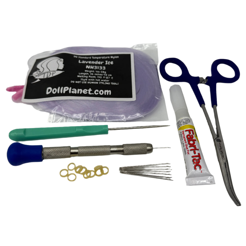 7 Piece Rerooting Starter Kit with Tools and Doll Hair for Rerooting Fashion Dolls
