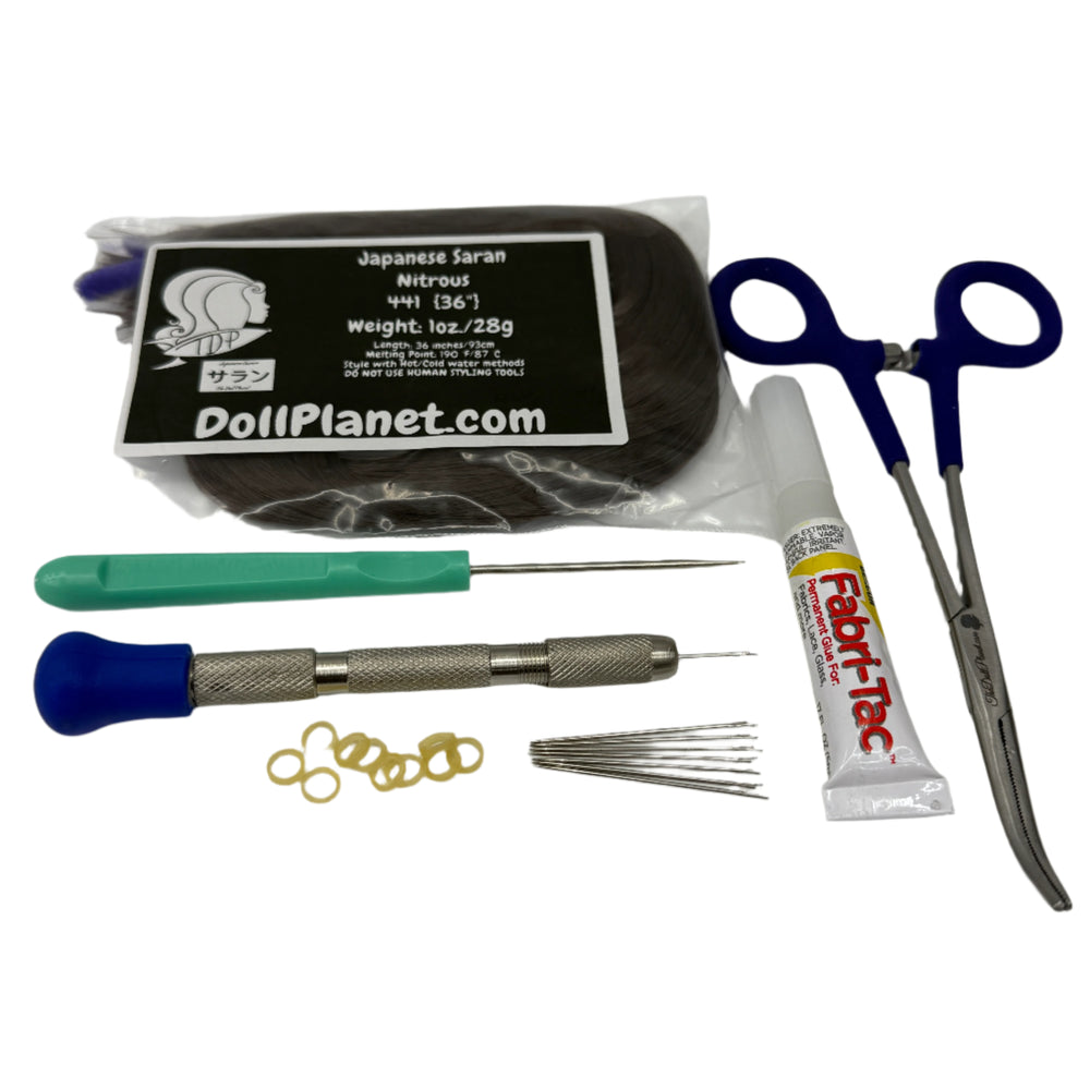 7 Piece Rerooting Starter Kit with Tools and Doll Hair for Rerooting Fashion Dolls