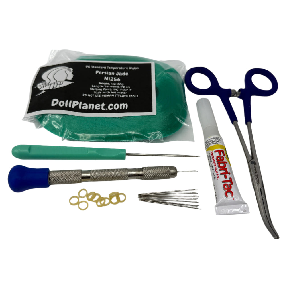 7 Piece Rerooting Starter Kit with Tools and Doll Hair for Rerooting Fashion Dolls