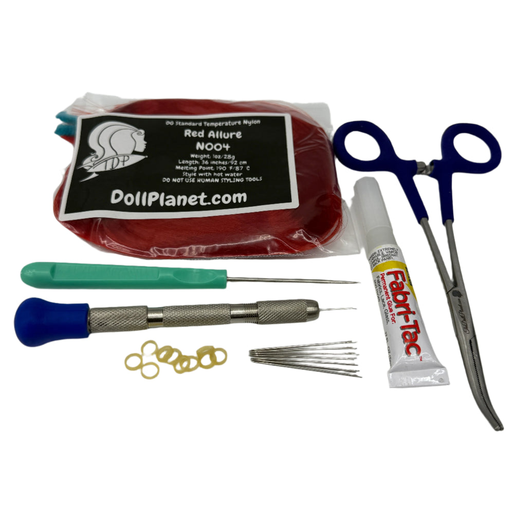 7 Piece Rerooting Starter Kit with Tools and Doll Hair for Rerooting Fashion Dolls
