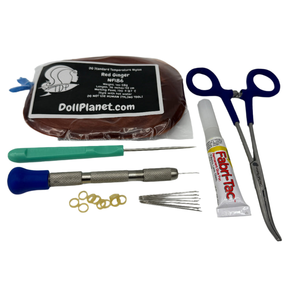 7 Piece Rerooting Starter Kit with Tools and Doll Hair for Rerooting Fashion Dolls