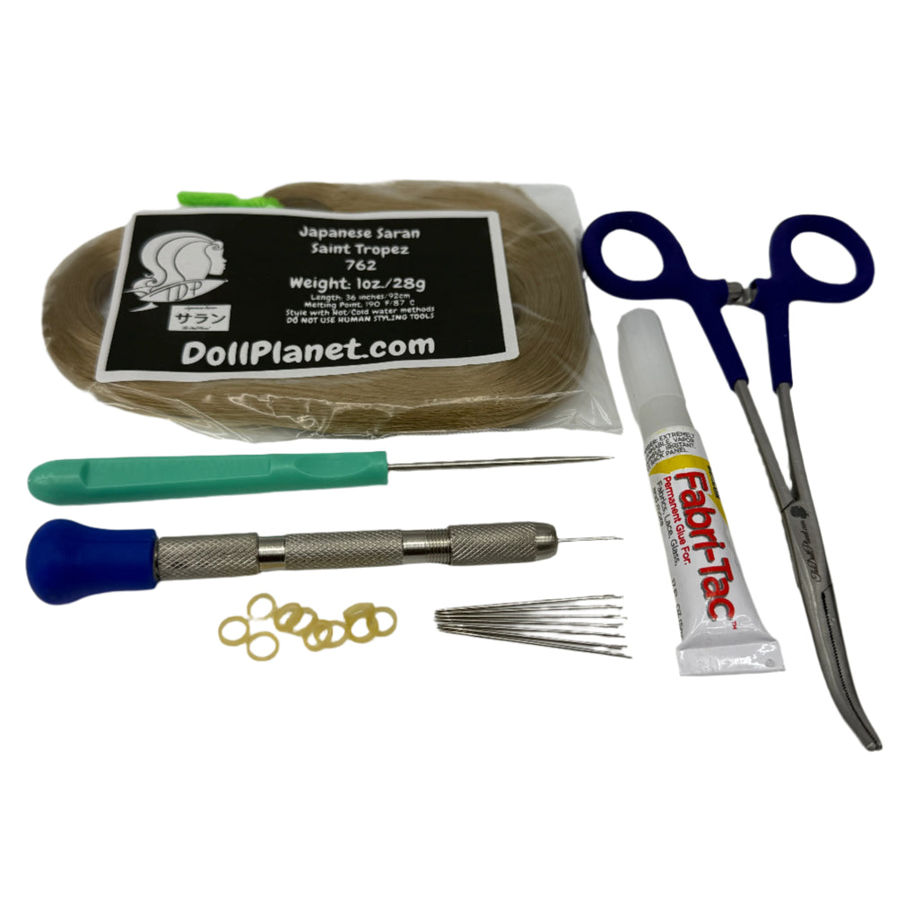 7 Piece Rerooting Starter Kit with Tools and Doll Hair for Rerooting Fashion Dolls