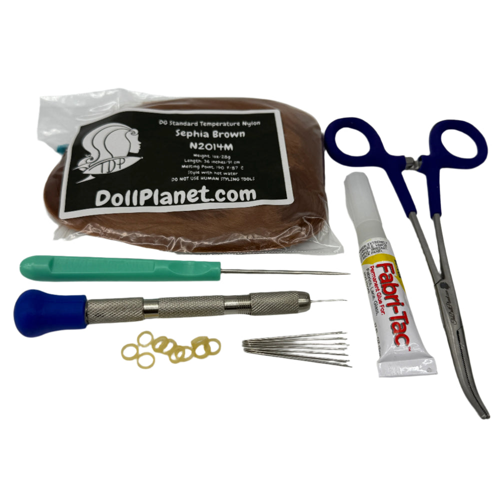7 Piece Rerooting Starter Kit with Tools and Doll Hair for Rerooting Fashion Dolls