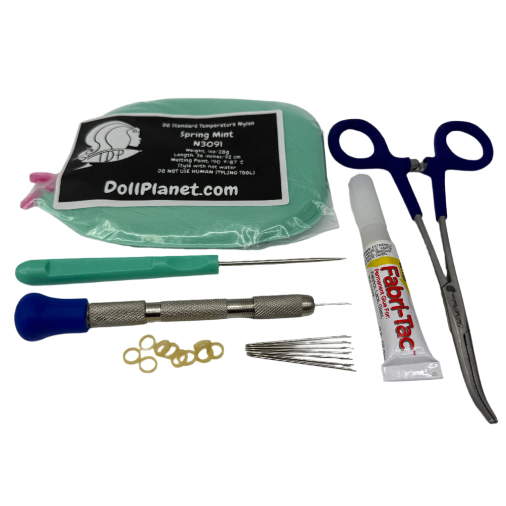 7 Piece Rerooting Starter Kit with Tools and Doll Hair for Rerooting Fashion Dolls